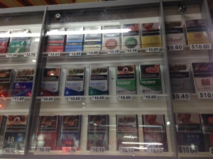 Expensive cigarette boxes on display.