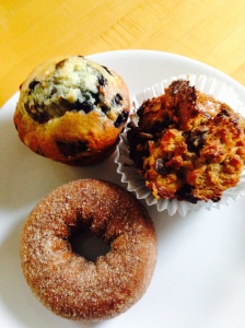 Blueberry muffin, Espresso bread pudding muffin, and cider donut.